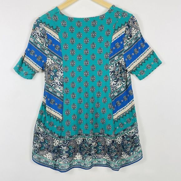 Chico's Teal Print Flare Chiffon Trim Jersey Top Shirt Tee Womens 0 Small Petite - Picture 5 of 6
